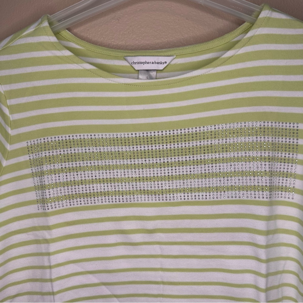 Christopher & Banks Light Green and White Striped Tee Size Large - Picture 2 of 6